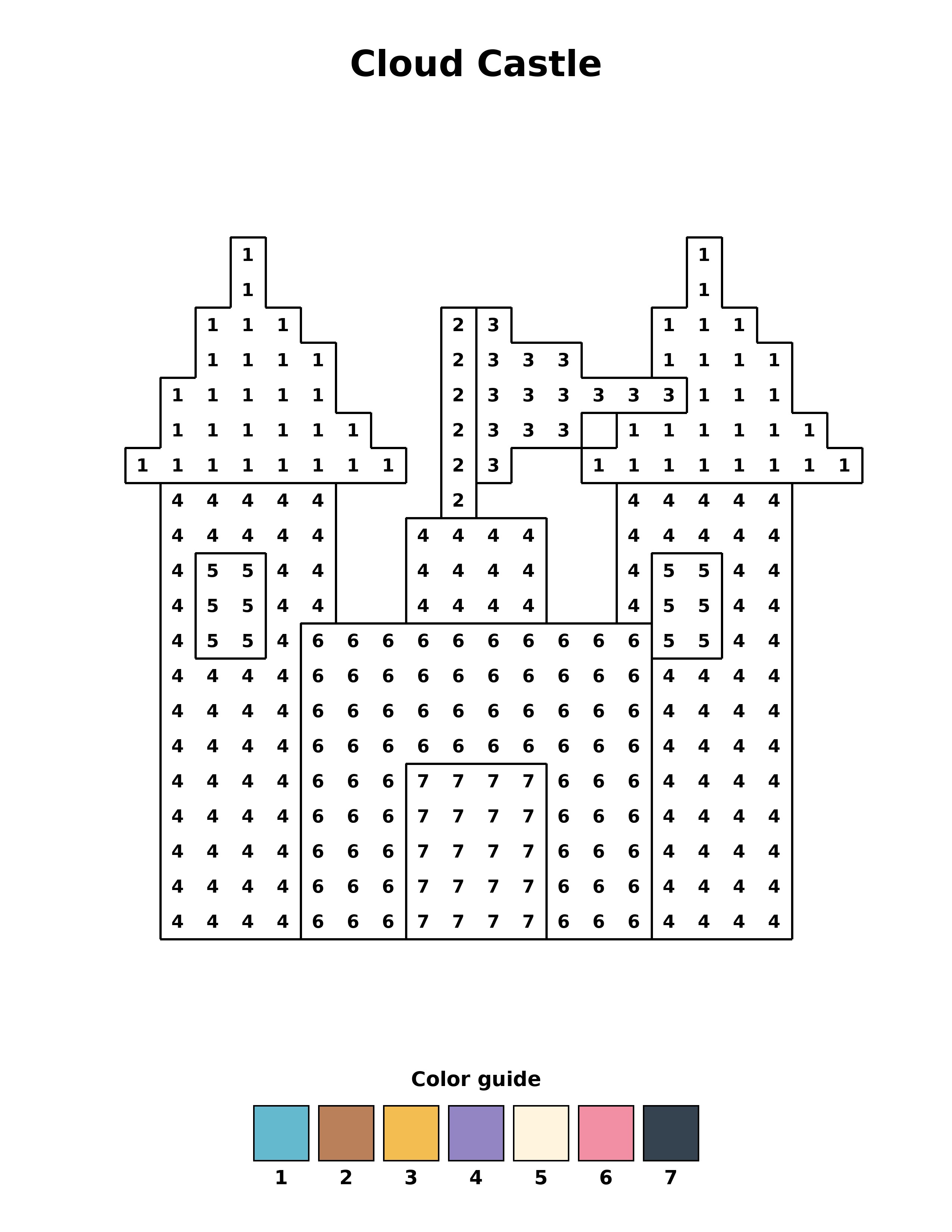 Free printable cloud castle coloring page — black and white line art for kids